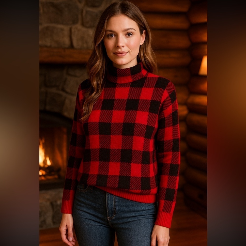 LOFT Womens Red & Black Buffalo Plaid Mock Neck Sweater Size XXSP holidays